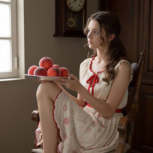 Photograph of a fair-skinned, brunette woman in a white, lace, red-trimmed dress, holding a plate of red apples, sitting