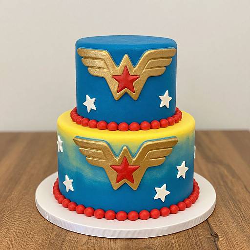 Photograph of a two-tiered cake with blue and yellow gradients, gold Wonder Woman wings, red star, and white stars, topped with red beads