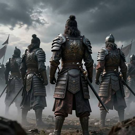 Photograph of medieval Viking warriors in full steel armor, standing in misty battlefield with flags, under dramatic cloudy sky.