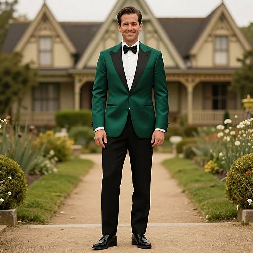 Photograph of a smiling middle-aged man in a green tuxedo with black bow tie, standing on a garden path leading to a Victorian-style house