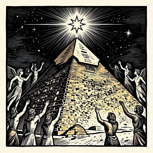 Black and white woodcut-style illustration of worshippers around a radiant star over a pyramid, with starburst rays and textured background.
