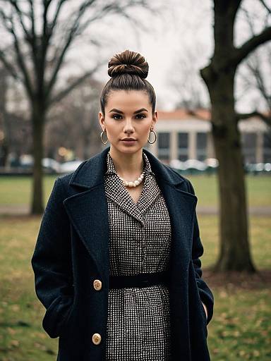 Stylish Woman in Coat with Hair Bun