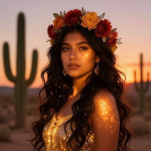 Photograph of a beautiful woman with long black wavy hair, wearing a floral crown and golden dress, glowing with sparkles, in a desert at