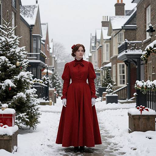 Photograph of a Victorian-style woman in a red dress and white gloves standing in a snowy, Christmas-decorated street.