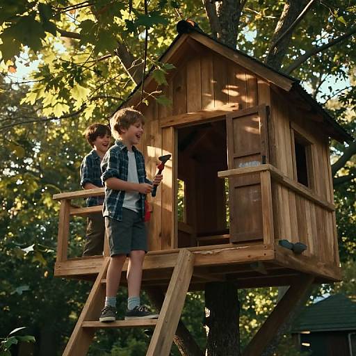 Photograph of two young boys, one holding a flashlight, standing on a wooden treehouse ladder, surrounded by sunlit trees.