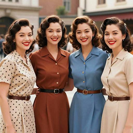 Photograph of four smiling 1950s women with curled hair, wearing polka-dot, brown, blue, and beige dresses, belted at