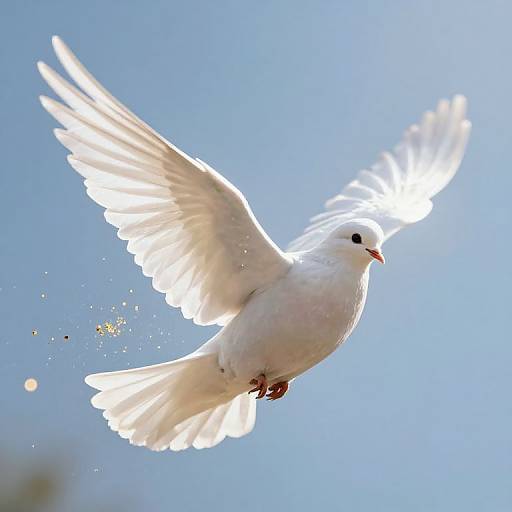 Photograph of a white dove with outstretched wings, flying against a clear blue sky, sunlight illuminating its feathers, tiny particles trailing behind.