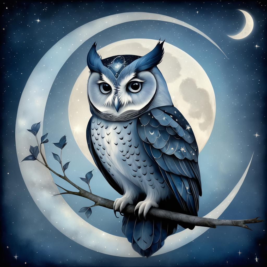 Surreal Owl on Crescent Moon Fantasy