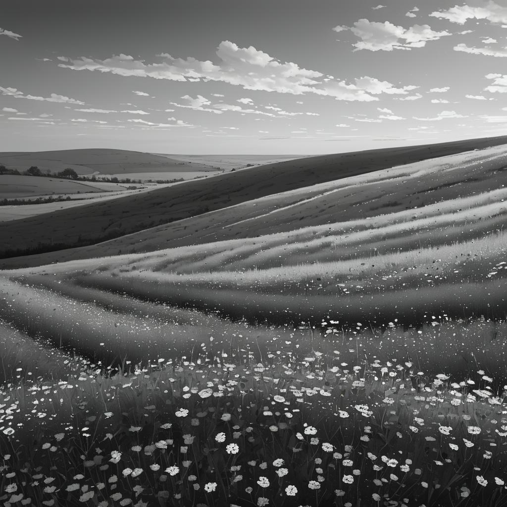 Serene Greyscale Uplands with Wildflowers