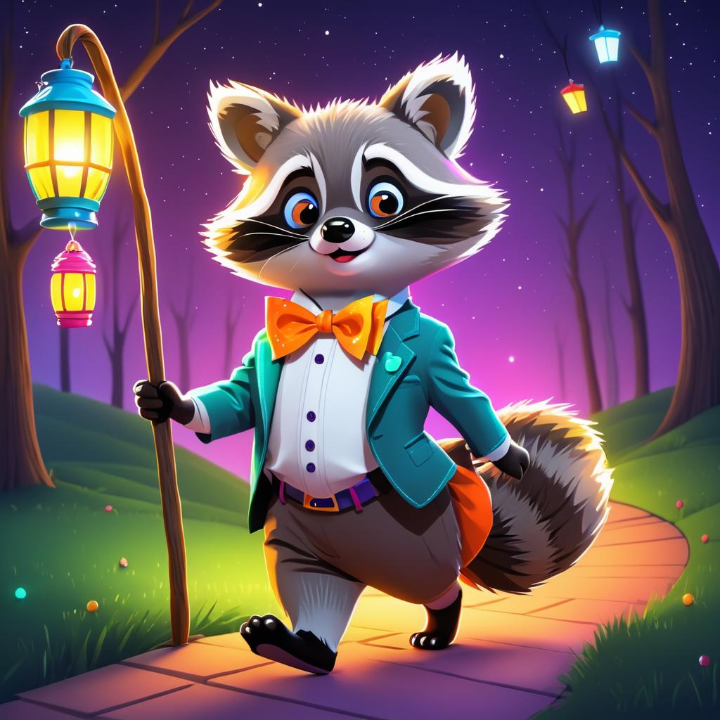 Whimsical Raccoon with Lantern and Bow Tie