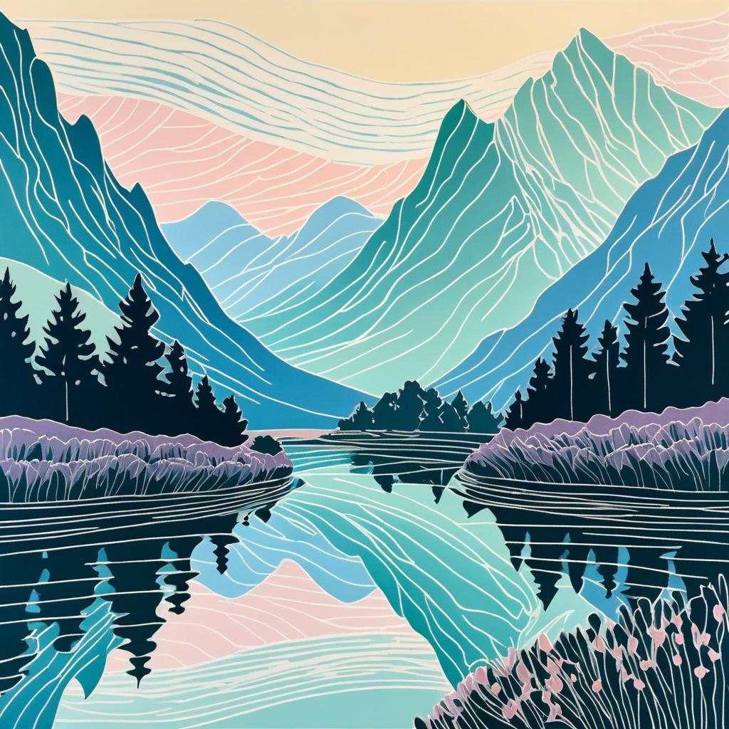 Impressionistic Mountain Range Linocut Art