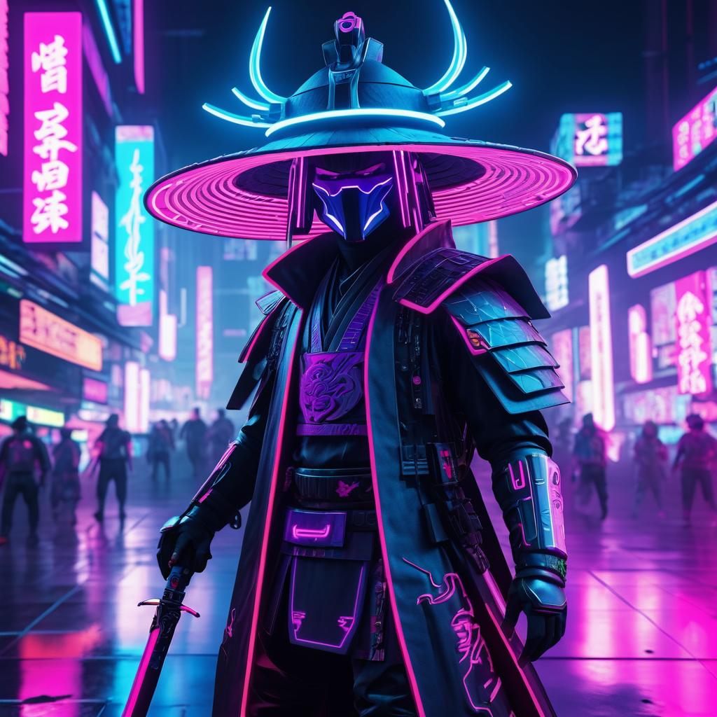 Dystopian Neon Samurai in Cyberpunk World