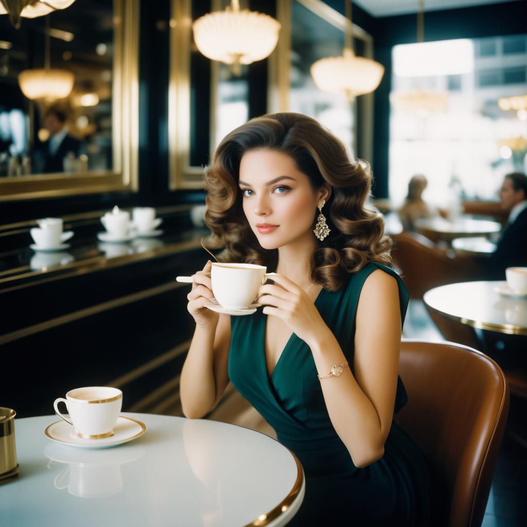 Sophisticated Woman Enjoying Coffee in Café