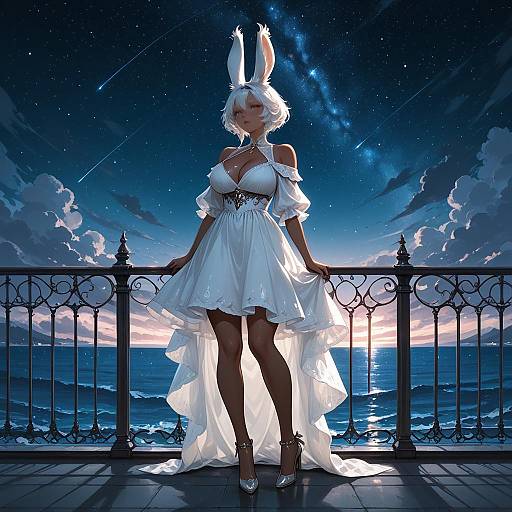 Dark-skinned Viera Woman in White Dress at Night Ocean Balcony