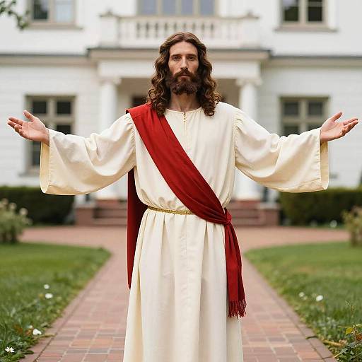 Photograph of Jesus with long brown hair, beard, white robe, and red sash, standing with outstretched arms, in front of a
