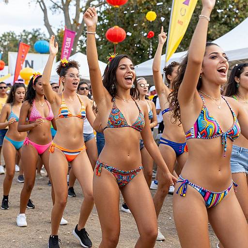 Photograph of diverse young women in colorful bikinis, energetically running and cheering outdoors during a vibrant festival with flags and balloons.