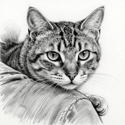 Black-and-white digital drawing of a tabby cat with intense eyes, resting its head on a textured blanket, detailed fur and whiskers.