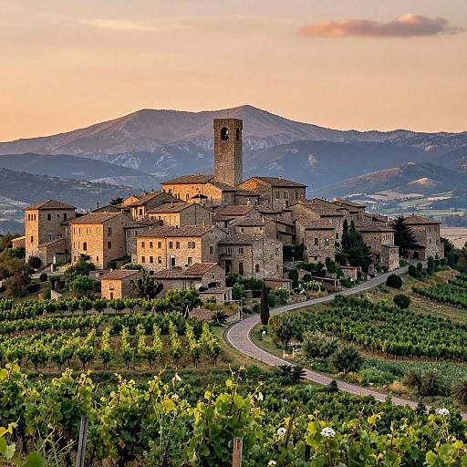 Photograph of a sunlit, medieval Italian village with stone buildings, a central tower, vineyards in the foreground, and mountains in the background at