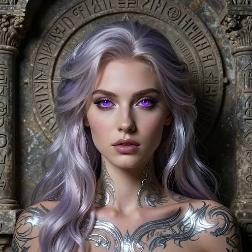 Digital art: Ethereal woman with long, silver hair, glowing purple eyes, and intricate silver tattoos, set against a dark, ancient stone archway