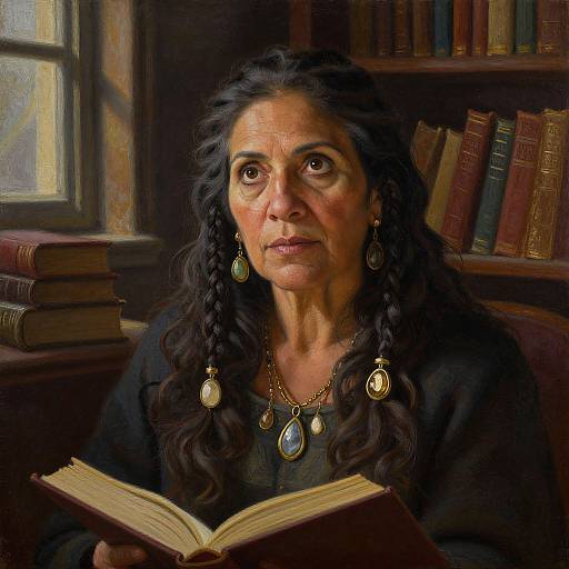 Digital painting of an elderly woman with long black hair, wearing a black dress and gold jewelry, reading a book in a dimly lit library. Sh