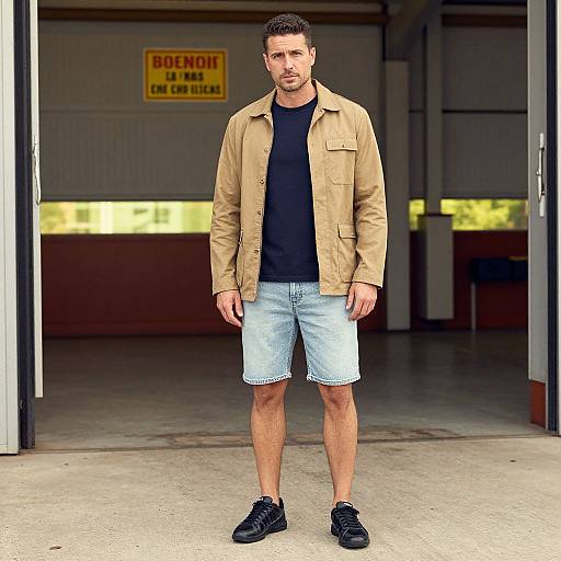 Photograph of a bearded man with short dark hair, wearing a beige jacket, black shirt, light blue denim shorts, and black sneakers, standing