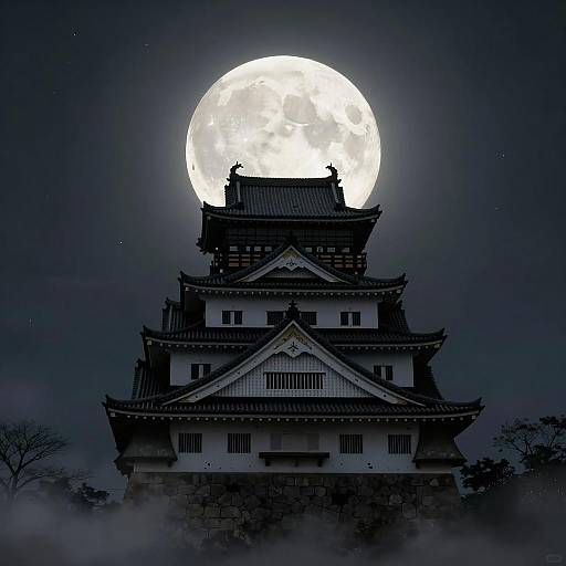 Silhouetted Japanese Castle with Full Moon