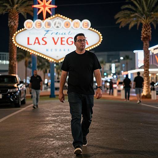 Photograph of a man in black t-shirt and jeans walking at night on Las Vegas Boulevard, illuminated by neon 