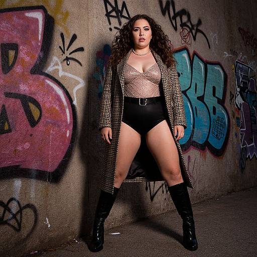 Photograph of a curvy woman with long curly hair, wearing a mesh top, black high-waisted shorts, checkered coat, black boots