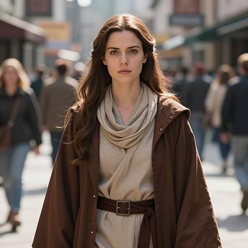 Woman in Anakin-Inspired Brown Robe on Urban Street