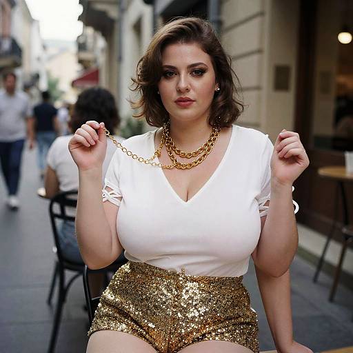 Photograph of a curvy, brown-haired woman with fair skin, wearing a white top, gold sequin skirt, and gold chain necklace, sitting
