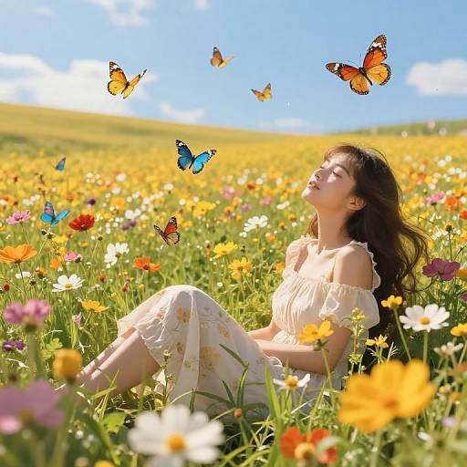 Photograph of a young woman with long brown hair, in a white floral dress, sitting in a vibrant meadow of colorful flowers, with orange and