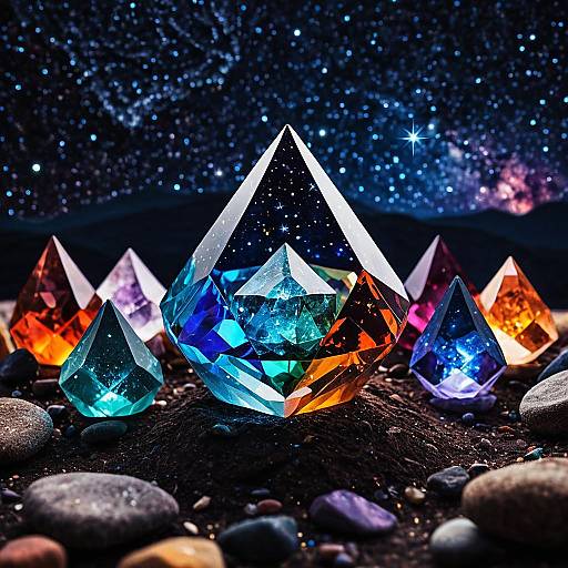 Multi-colored Chakra Healing Crystals with Starry Sky Background
