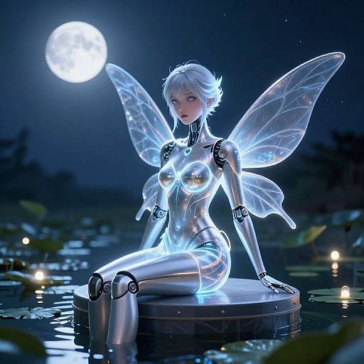CGI image of a glowing, silver robotic fairy with translucent wings, sitting on a lily pad under a full moon.