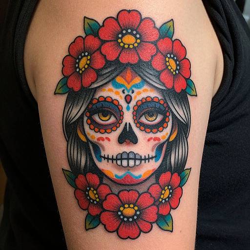 Vibrant tattoo of a sugar skull with black hair, red flower crown, colorful face paint, and yellow eyes on a forearm.