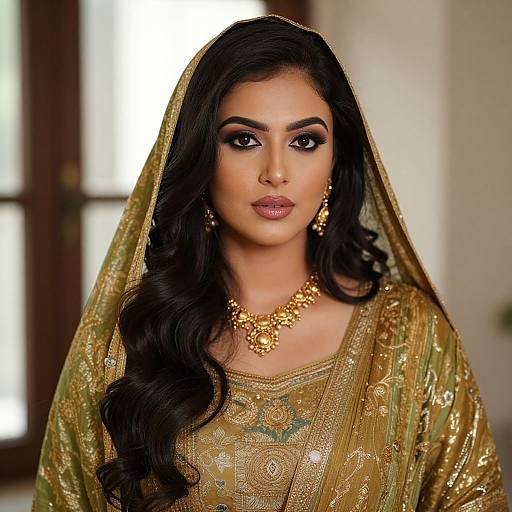 Photograph of a beautiful South Asian woman with long black hair, wearing a gold and green embroidered traditional saree, gold necklace, and earrings, with