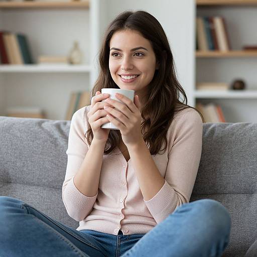 Photograph of a smiling woman with long dark hair, wearing a light pink cardigan and blue jeans, holding a white mug on a gray couch,
