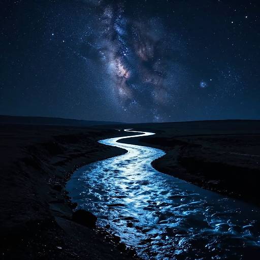 Photograph of a starry night sky with the Milky Way visible above a glowing, blue-tinged stream winding through a dark, barren landscape.
