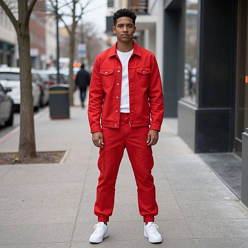 Photograph of a young Black man with short curly hair, wearing a bright red jacket and pants, white shirt, and white sneakers, standing on a