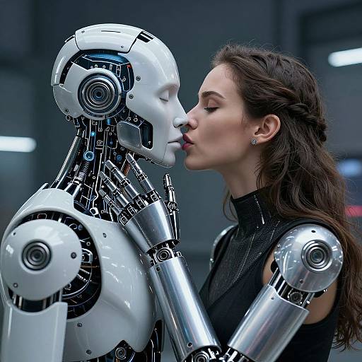 Futuristic Woman Kissing Robot