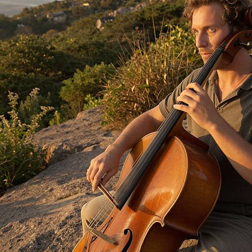 Photograph of a man with curly brown hair playing a wooden cello outdoors on a rocky hillside, surrounded by greenery and sunlight.