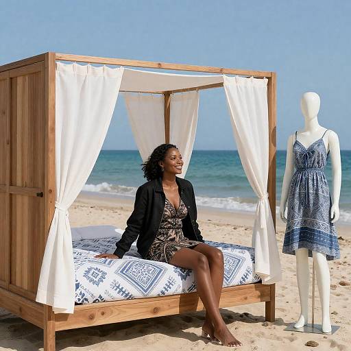 Woman Sitting on Wooden Bed with Curtains at Beach