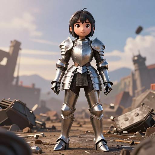  CGI-rendered anime-style child in shiny silver armor standing confidently in a sunlit, ruined medieval cityscape with scattered debris.