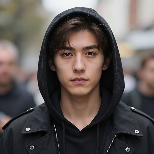 Photograph of a young, pale-skinned man with dark brown hair, wearing a black hoodie and black jacket, standing in a blurred urban crowd.