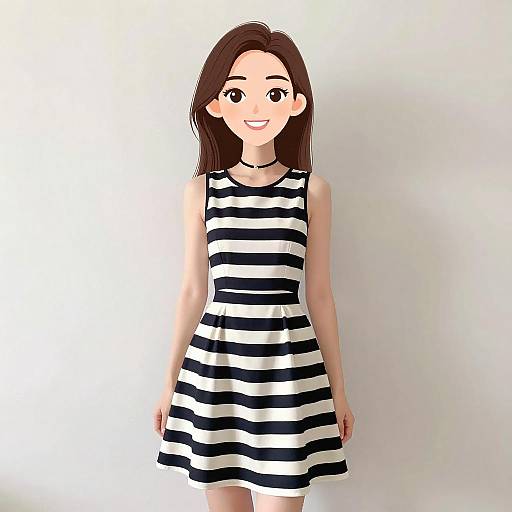 Smiling Woman in Striped A-line Dress
