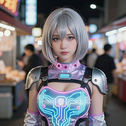 Digital art of an anime-style girl with silver bob, wearing neon-lit cyber armor, in a brightly lit, bustling nighttime market.