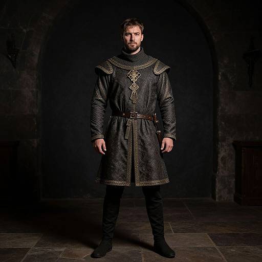Photograph of a bearded man in medieval-style dark gray robe with gold trim, brown belt, black pants, and boots, standing in dimly
