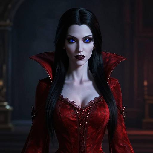 Digital artwork of a pale, blue-eyed vampire woman with long black hair, wearing a red, lace-trimmed, high-collared dress in