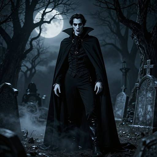 Photograph-style digital art: Dark, brooding vampire with pale skin, black cloak, high collar, standing in eerie moonlit graveyard with leafless