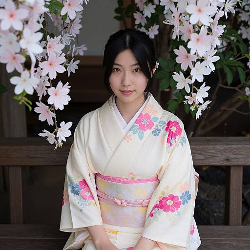 Photograph of a young Japanese woman with dark hair, wearing a white floral kimono, standing beneath pink cherry blossom branches.