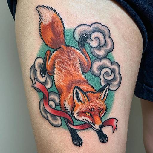 Whimsical Fox Tattoo with Ribbon Design
